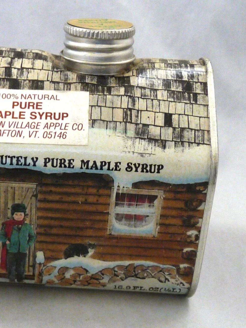Vintage maple syrup tin log cabin Grafton Vermont